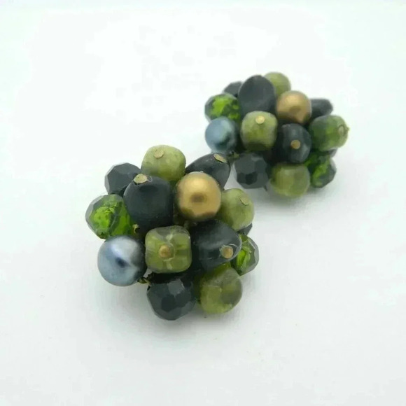 Vintage Jewelry - Western Germany Green Black Cluster Bead Beaded